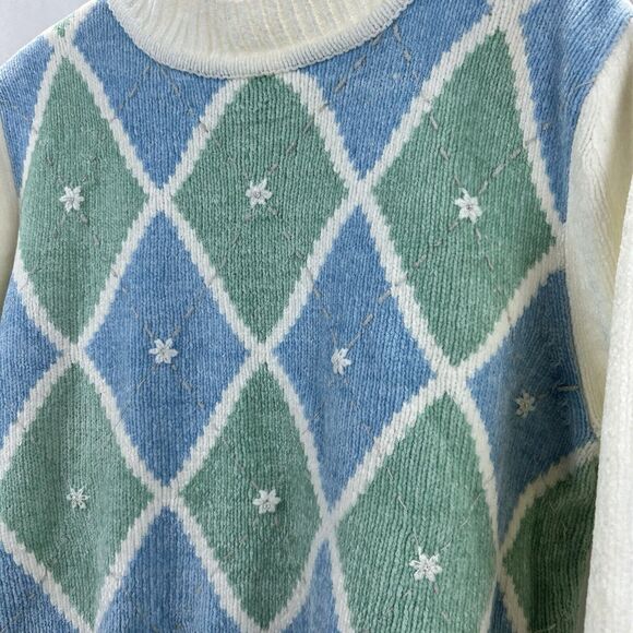 Alfred Dunner Sweater Medium Harlequin Argyle Blue Green Floral Holiday Soft - Picture 2 of 9